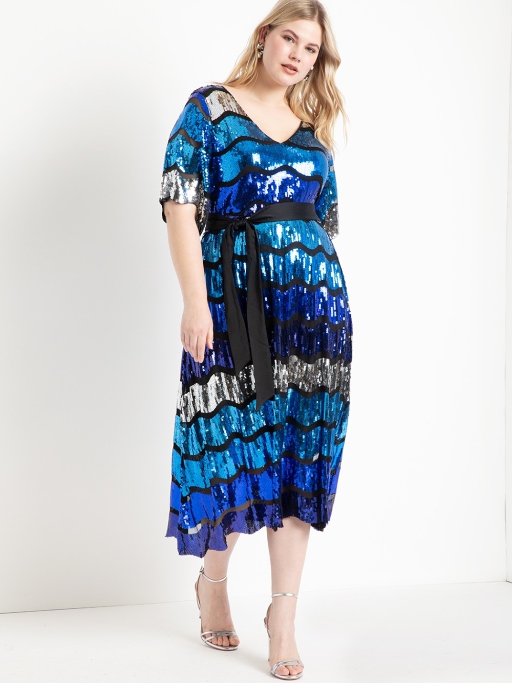 Eloquii Blue, Turquoise and Silver Sequin Midi Dress with Black Sash